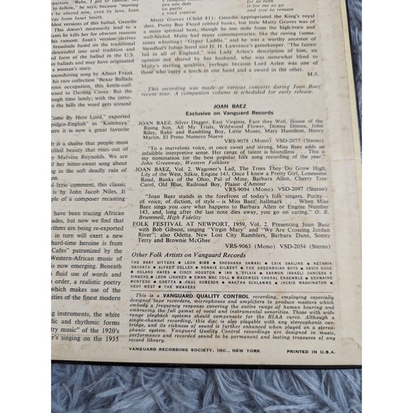 Joan Baez - In Concert 1962 Vinyl Record‎ LP Vanguard VRS-9112 Folk VG Very Good - Picture 12 of 12